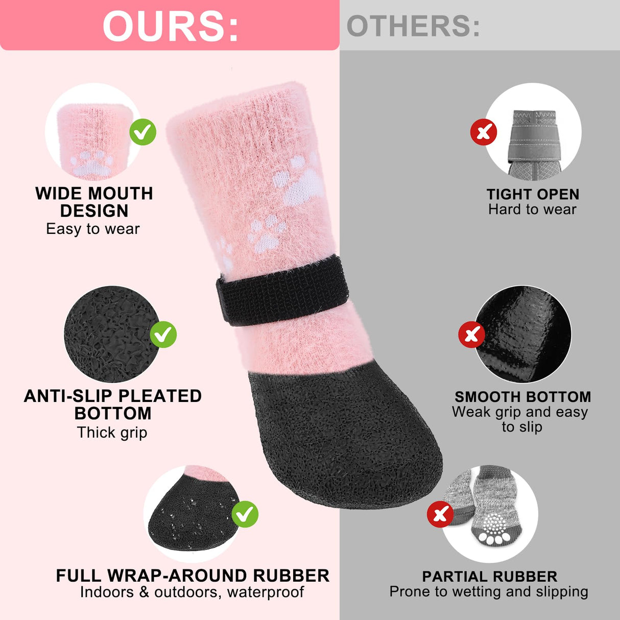 BEAUTYZOO Dog Boots - Warm & Waterproof Dog Booties & Paw Protectors, Anti-Slip for Hardwood Floor, Small to Senior Sizes, Pink
