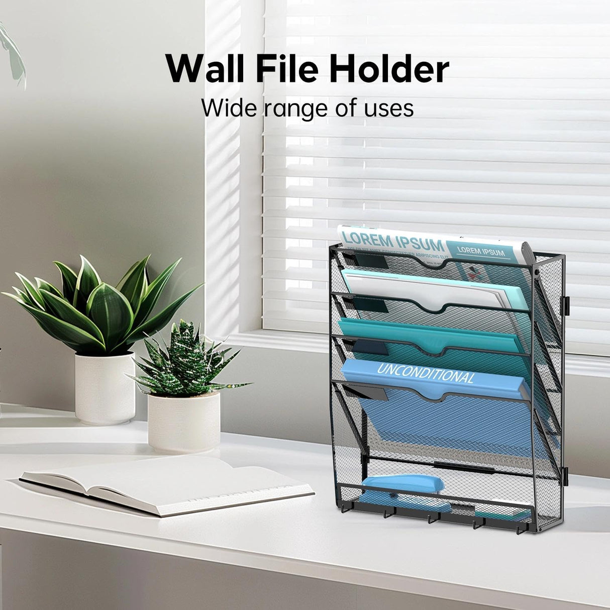 JMHUD 5 Tier Wall File Organizer - Hanging File Organizer with 5 Hooks, Mail Holder Wall Mounted for Papers, Folders, Magazines, Bills, Office&School Organization, Black