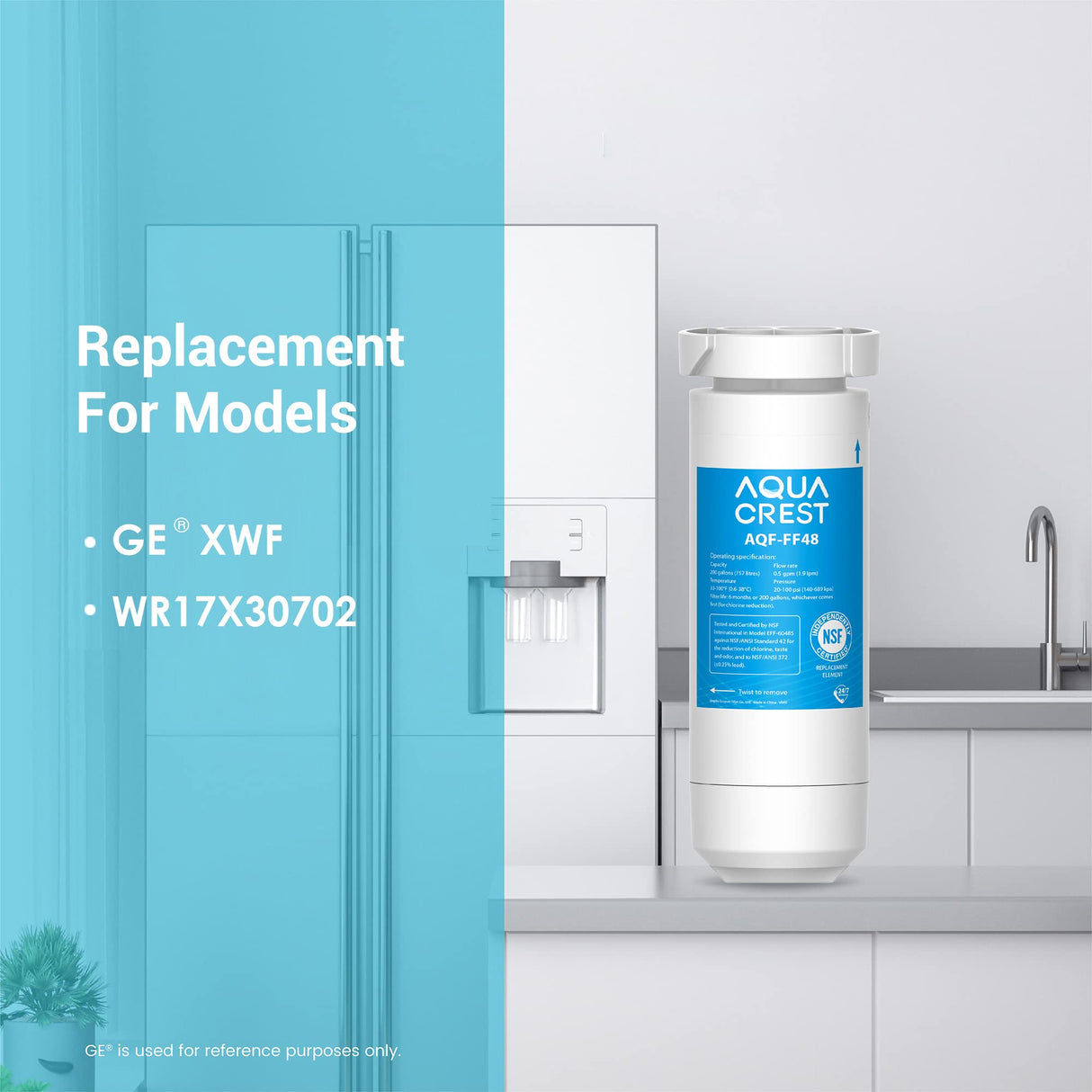 AQUA CREST XWF Refrigerator Water Filter, Replacement for GEยฎ XWF water filter, NSF Certified, 2 Filters