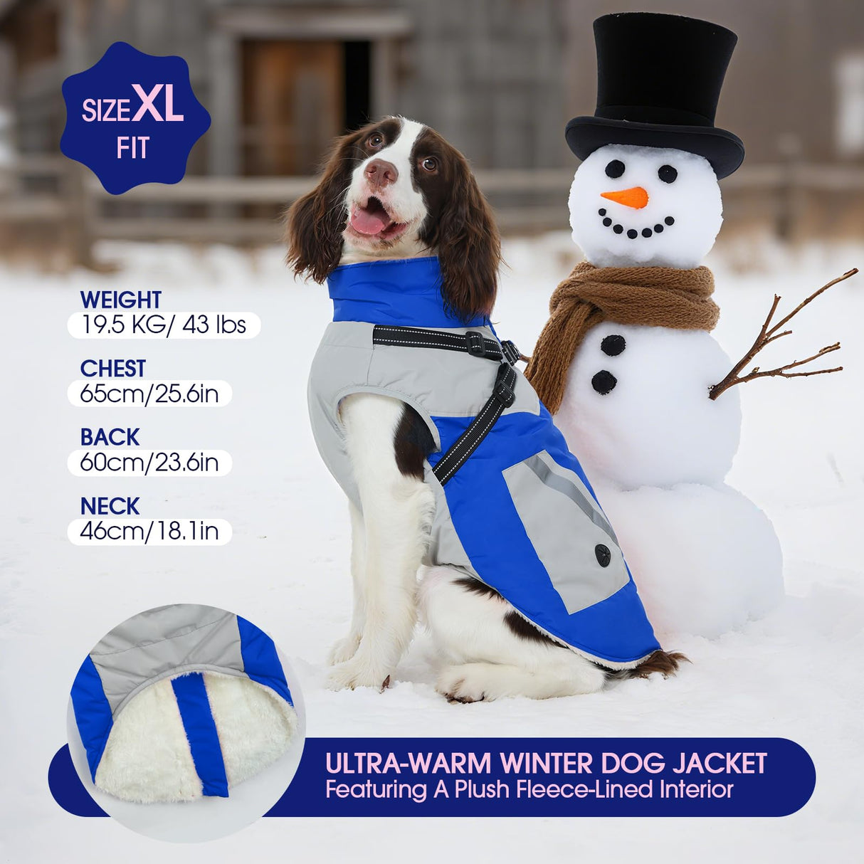 FUAMEY Dog Winter Jackets for Large Dogs,Dog Coat with Harness Built in,Waterproof Dogs Snowsuits Warm Pet Jacket Zip Up Fleece Cold Weather Coats Reflective Puppy Vest with Pocket Blue XL