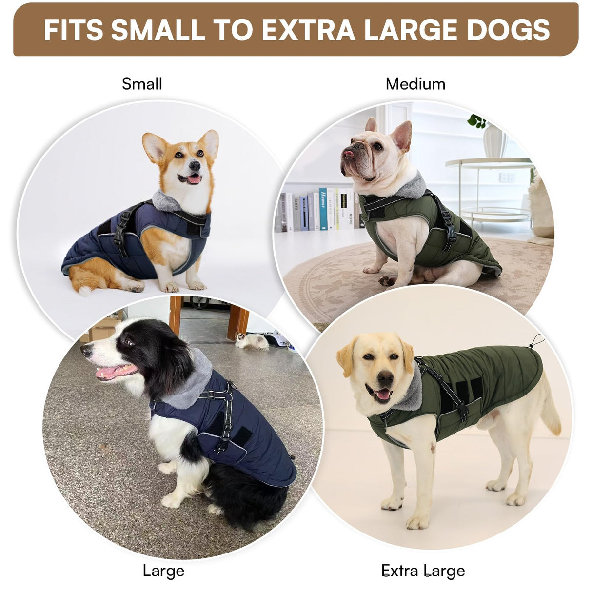 Queenmore Winter Dog Jackets for Large Dogs XXL, Waterproof Winter Coat for Extra Large Pitbull Danes, Warm Puffer Snow Jacket for Cold Weather - Fleece Lining Hook & Loop Closure Reflective, Green