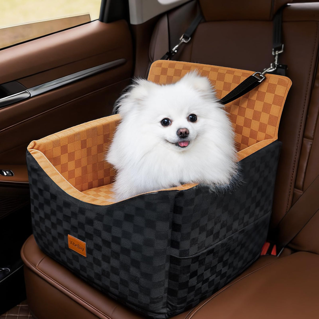Dog Car Seat for Small Dogs, Portable Booster Seat with Memory Foam, Removable Washable Cover, Storage Pocket & Anti-Anxiety Elevated Design for Medium Dogs Under 35 lbs (Brown, Medium)