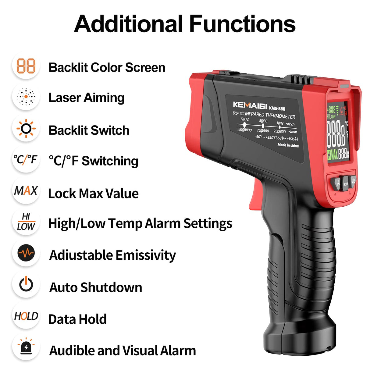 KEMAISI Infrared Thermometer Gun, Non-Contact Digital Laser Temperature Gun -58°F -1616°F (-50℃-880℃), Laser Temp Gauge Surface Measuring Tool for Cooking, Oven, HVAC, Industry (Non-Body use)