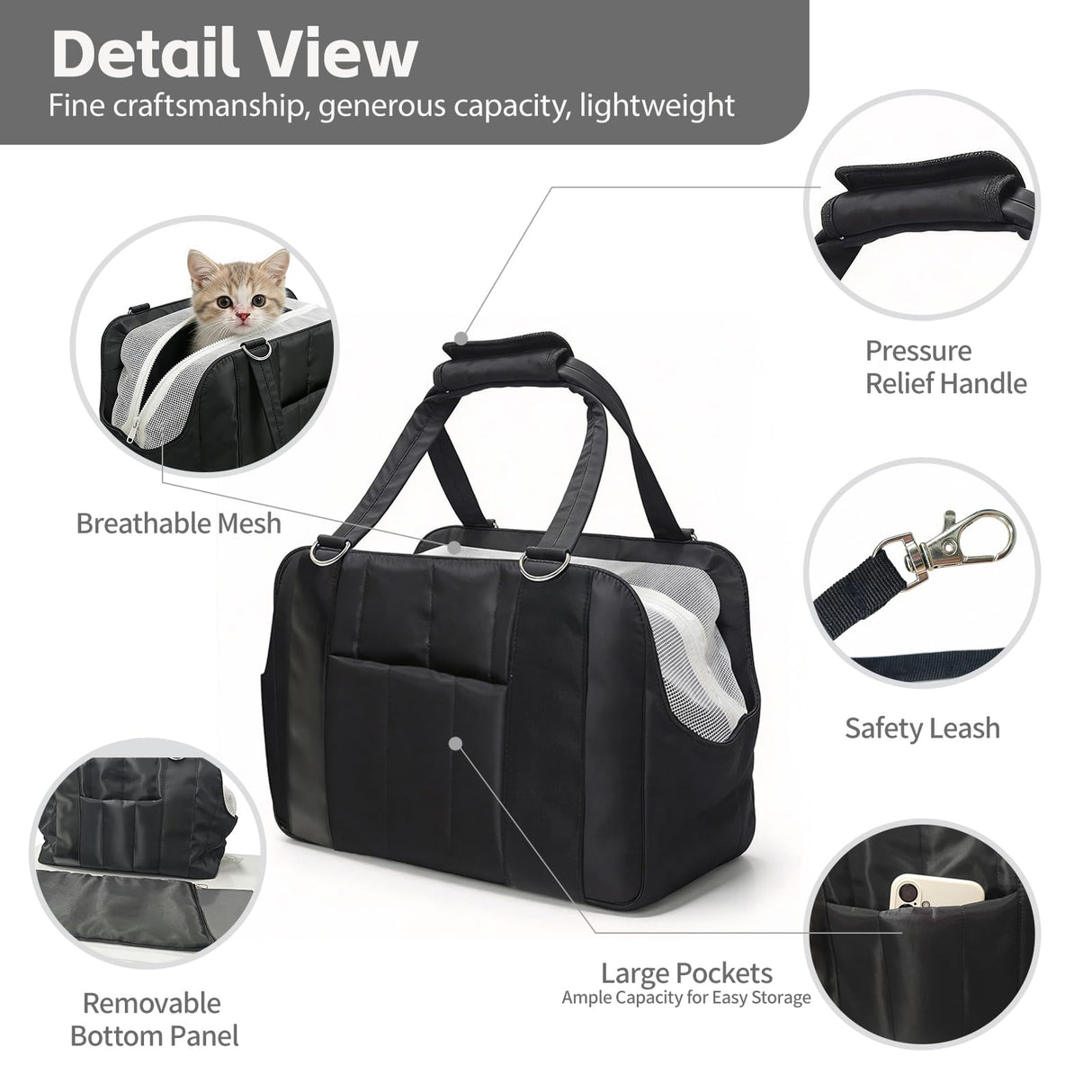 Ykphs Dog Purse Carrier for Small Dogs, Small Cat Purse Carrier Soft with Large Pocket, Portable Pet Carrier Tote Bag with Safe Leash (Black)