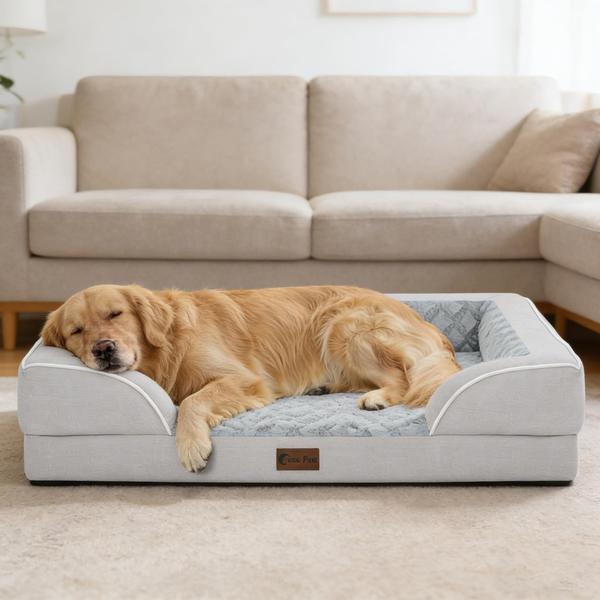 Casa Paw Orthopedic Dog Beds for Extra Large Sized Dogs, Waterproof Memory Foam XL Pet Bed with Sides 42x30Inch, Non-Slip and Egg-Crate Foam Big Dog Couch Bed with Removable Washable Cover, Light Grey