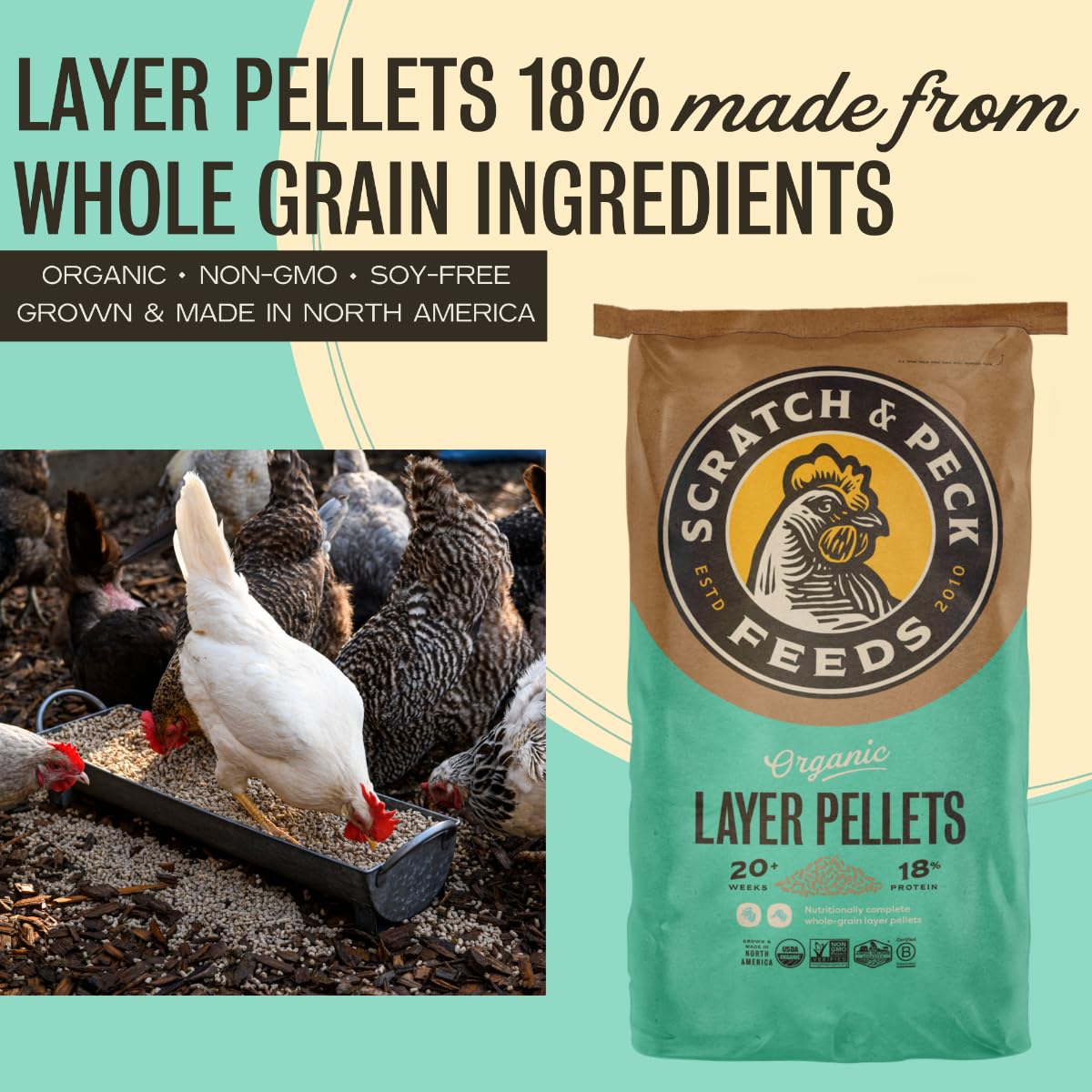 Scratch and Peck Feeds Whole Grain Layer Pellets Chicken and Duck Feed - 25 lbs Bag - Corn-Free and Soy-Free - 18% Protein, Certified Organic and Non-GMO Project Verified Chicken Food