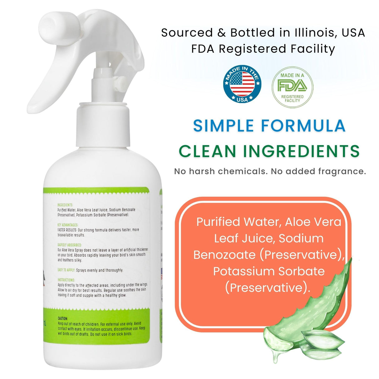 Aloe Vera Bird Spray for All Birds – Soothes Itchy Skin & Feather Plucking – 8oz Odor-Free Mist, Safe if Ingested, Daily Use Bird Mist, Softens Feathers, Natural Formula – Made in USA by UnRuffledRx™