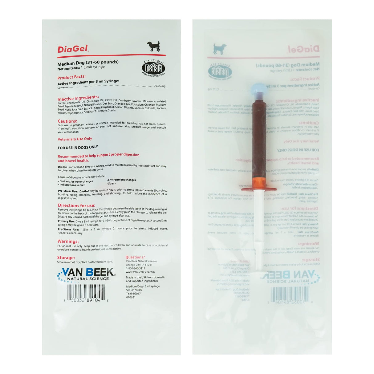 DiaGel for Medium Dogs (31-60 lbs.) - Orally Administered Gel for Occasional Loose Stools and Digestive Upset - Natural Pet Products - Van Beek Natural Science