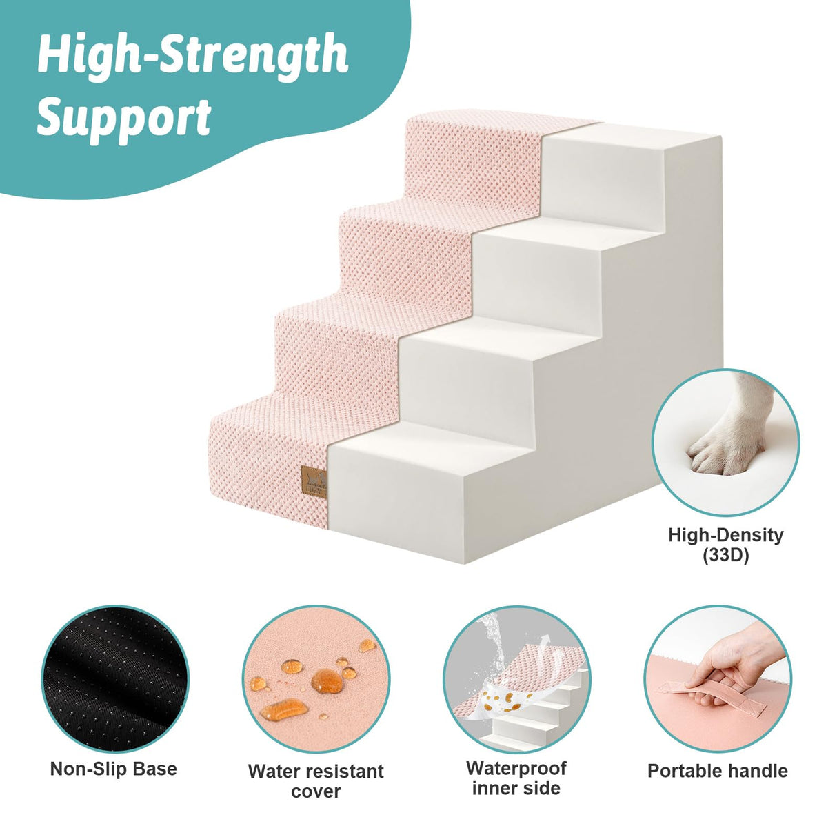 COZY KISS Dog Stairs for Small Dogs, 17.7" Extra Wide Right-Angle Pet Stairs for Couch and Beds, Anti-Slip Dog Steps for Old Cats and Lowrider, 17.7x23.6x17.7 inch, Pink