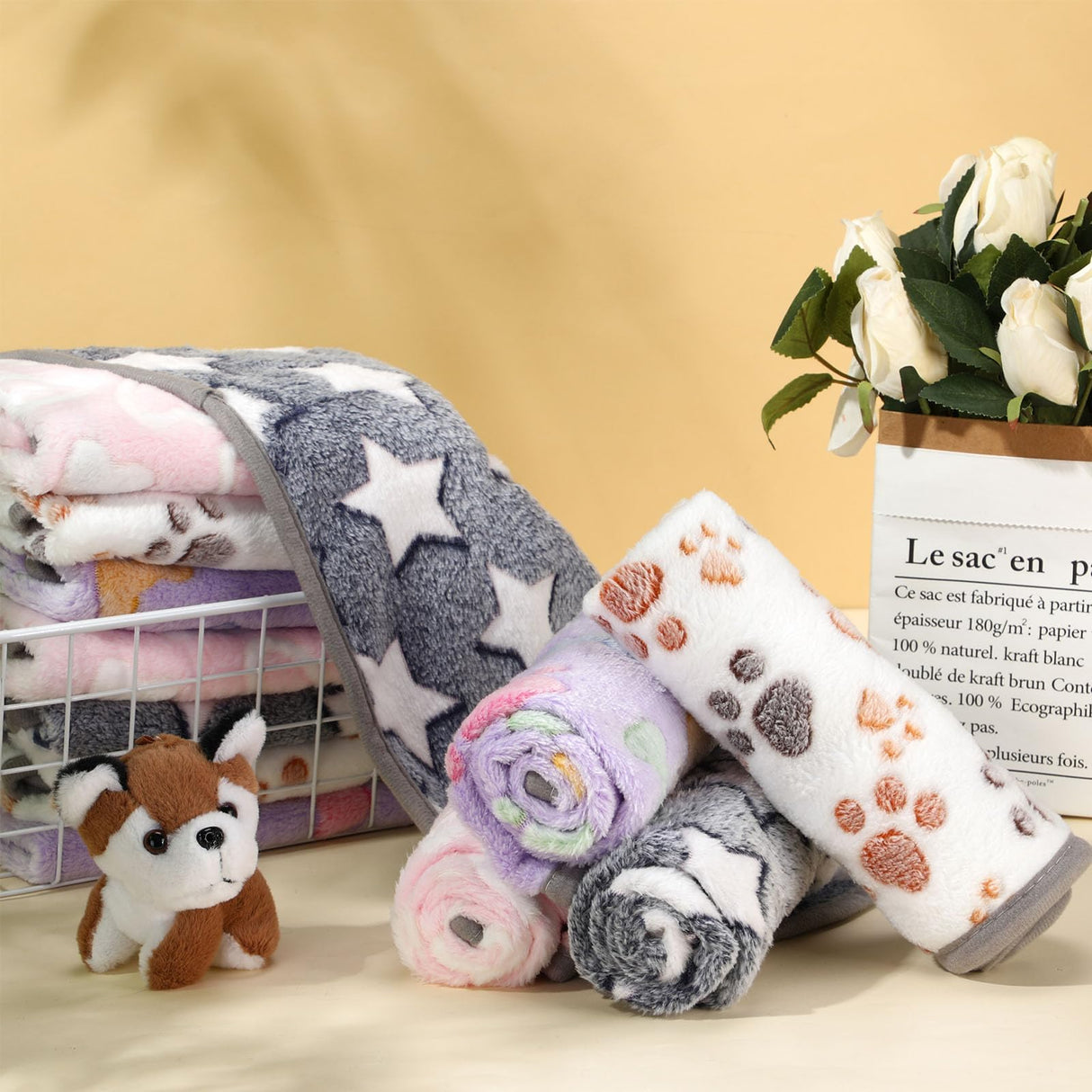 Chumia 40 Pcs Dog Blankets Soft Fluffy Fleece Washable Puppy Sleep Blankets Small Mat for Pets Throw Warm Bed Mat for Dog Puppy Cat (Grey,Heart,Star,Paw,Bone)