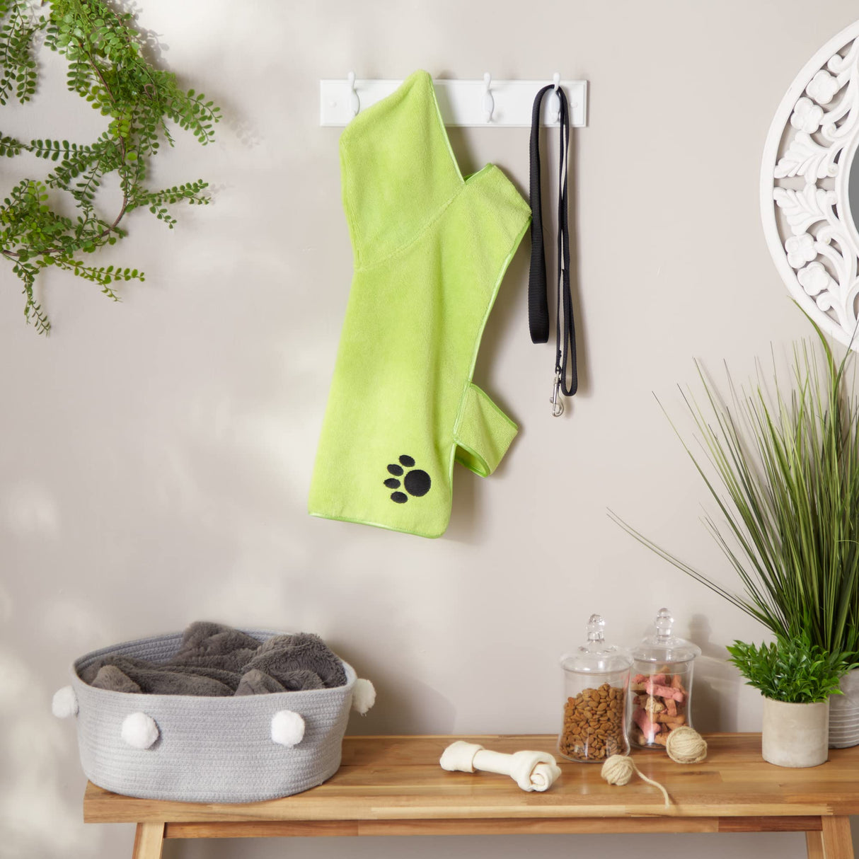 Bone Dry Pet Robe Collection, Embroidered Absorbent Microfiber Bath Robe with Adjustable Closure, for Dogs & Cats, Medium, Lettuce Green