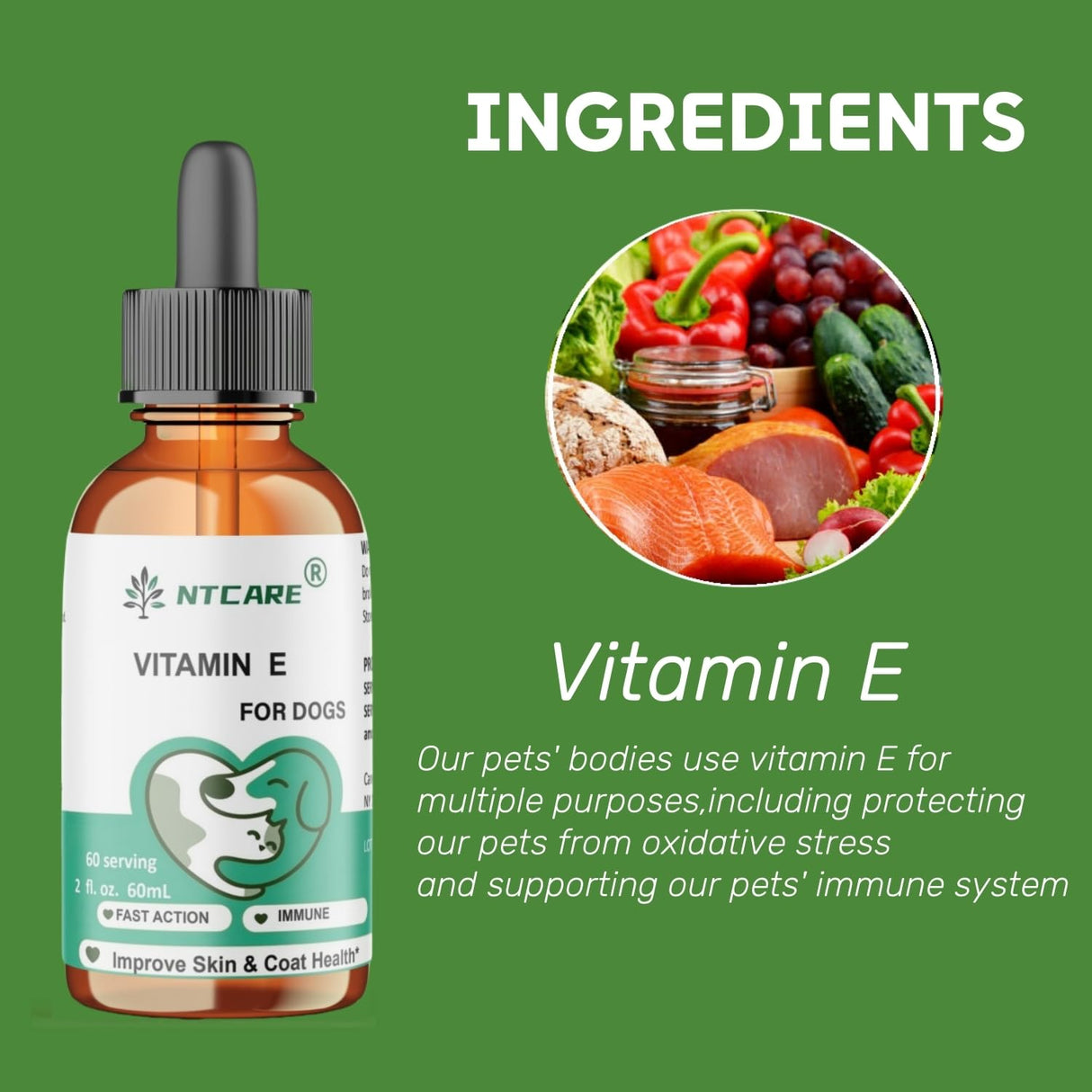 NTCARE Vitamin E Oil for Dogs, 2 fl oz, Immune Support, Skin and Coat Health Supplement, 60 Servings
