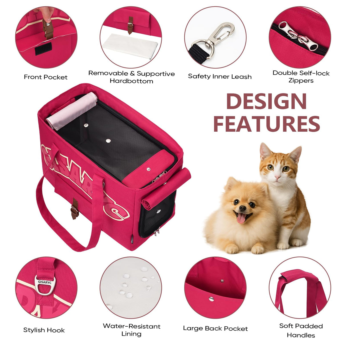 Dog Purse Carrier for Small Dogs, Cats and Puppies – Soft-Sided Foldable Pet Travel Bag with Multi Pockets, 3-Sided Mesh & Rollable Cover for Nervous Cats, Fits Pets up to 15 lbs (Berry Red)