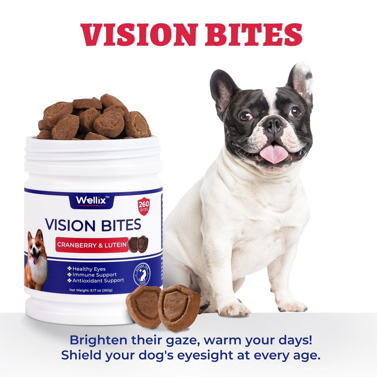 260 Bites Wellix Vision Chews - Dog Tear Stain Remover & Eye Supplement with Cranberry Extract, Lutein, Taurine, Marshmallow Root, Vitamin for Puppy, Small Medium & Large Dogs