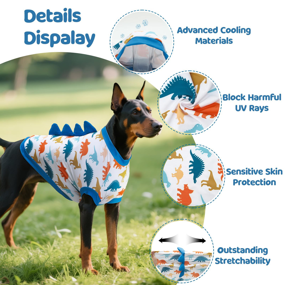 UNIPUP UPF 50+ Sun Protection Dog Shirt - Sleeveless Cooling Vest for Large Dogs Boy, Quick-Dry Pet T-Shirt with Funny Dinosaur Horns, UV Protective Breathable Dog Clothes U-COSBX02XXL