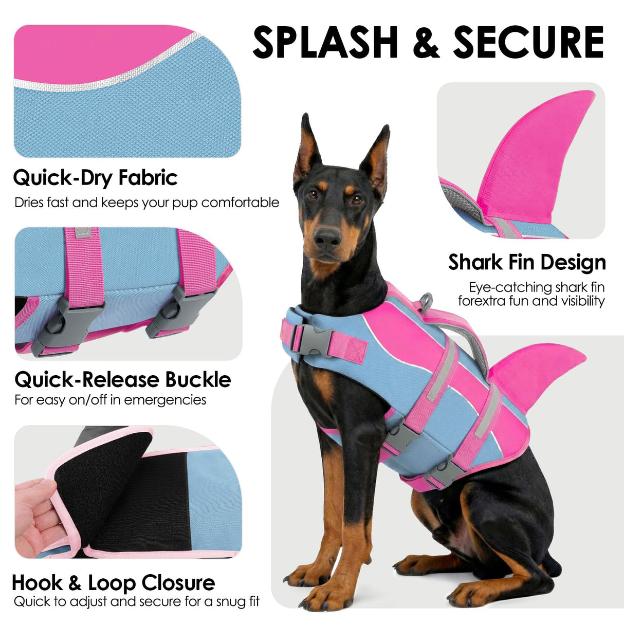 SUNFURA Dog Life Jacket - Shark Dog Life Vest for Swimming Boating, Reflective Lifejacket with High Buoyancy and Rescue Handle, Adjustable Lifesaver for Small Medium Large Breeds, Blue Pink M
