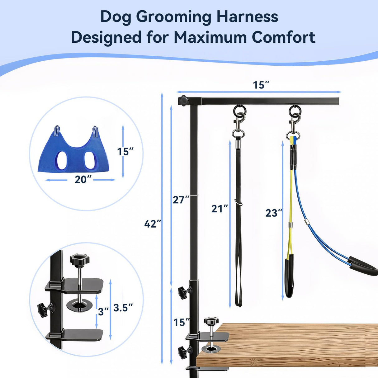 ZONEXCHIC Dog Grooming Arm with Pet Grooming Hammock, 27”-42” Adjustable Grooming Stand with No Sit Haunch Holders and Loop Noose, Grooming Restraint for Small and Medium at Home or Salon