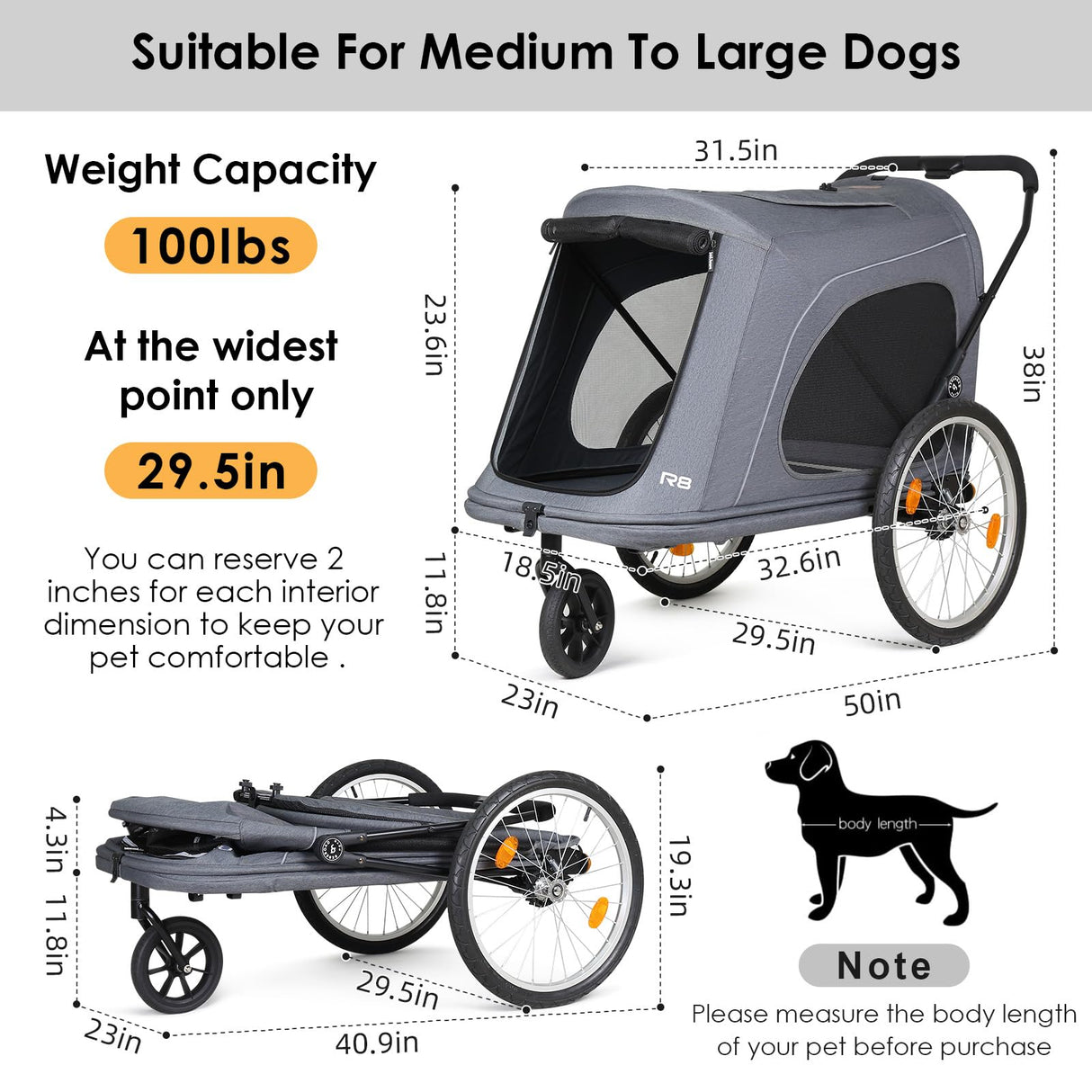 Beberoad Pets R8 Extra Large Foldable Pet Stroller, Dog Stroller & Pet Trailer for Large Dogs Under 100 lbs, Unmovable, Disabled & Pregnant Dogs - Conveniently Carriable by Bike and Car, Grey