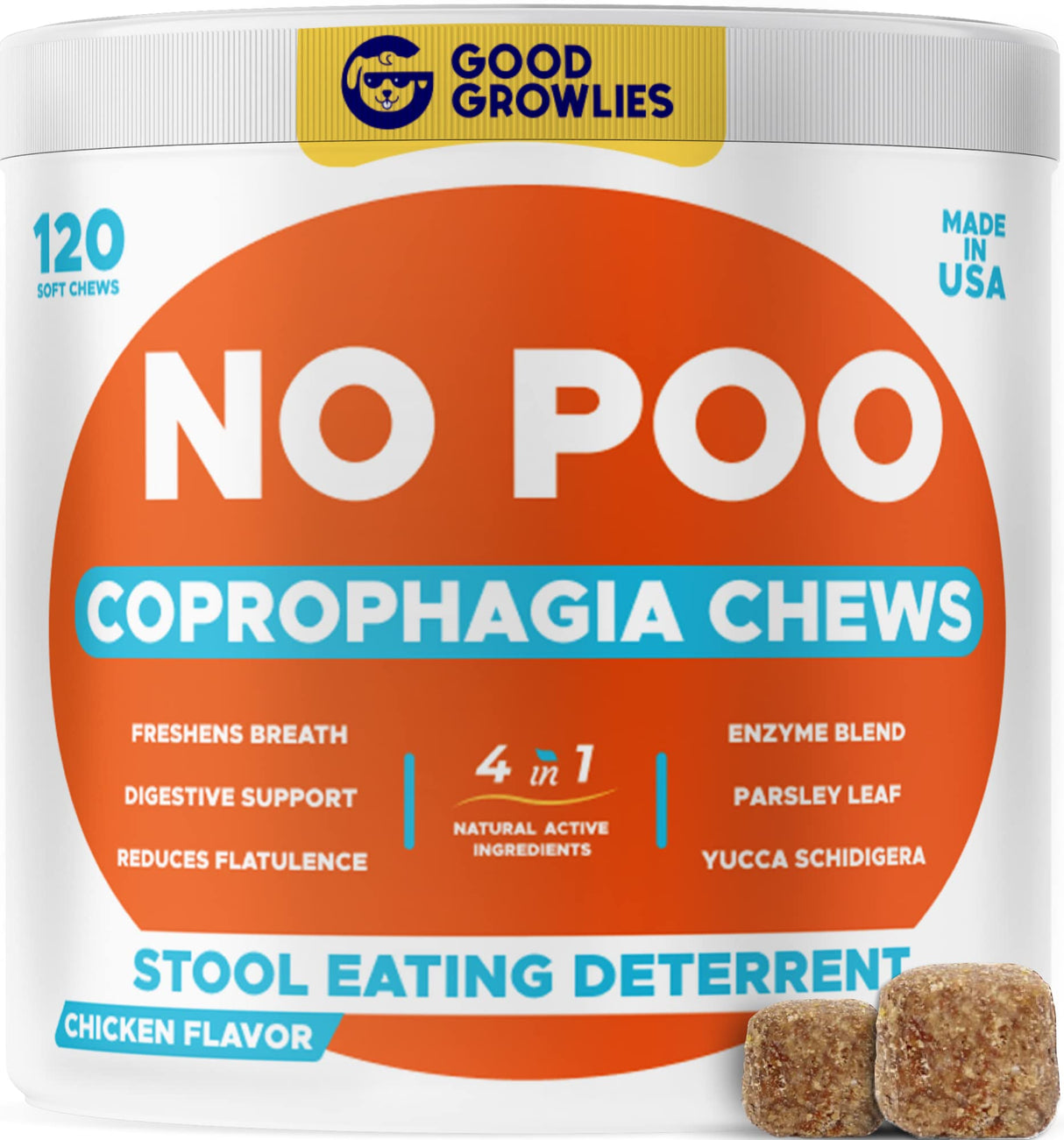 Chew No Poo - Coprophagia Treatment for Dogs - Prevent Dog Poop Eating - Natural Stool Eating Deterrent + Breath Aid - Probiotics & Digestive Enzymes - Boosts Gut Health - Made in USA - 120 Soft Chews