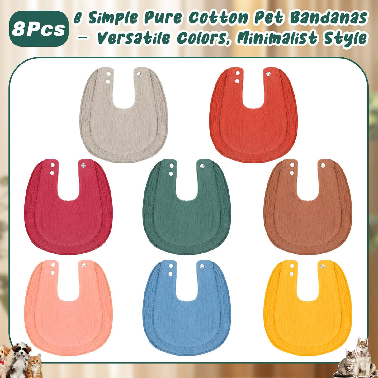 Shinylin 8 Pcs Muslin Cotton Square Bandanas Reversible Pet Bibs Scarf Pet Scarves with Two Snaps Apparel Accessories Kerchief for Small to Medium Puppy Cat(Classic Color)