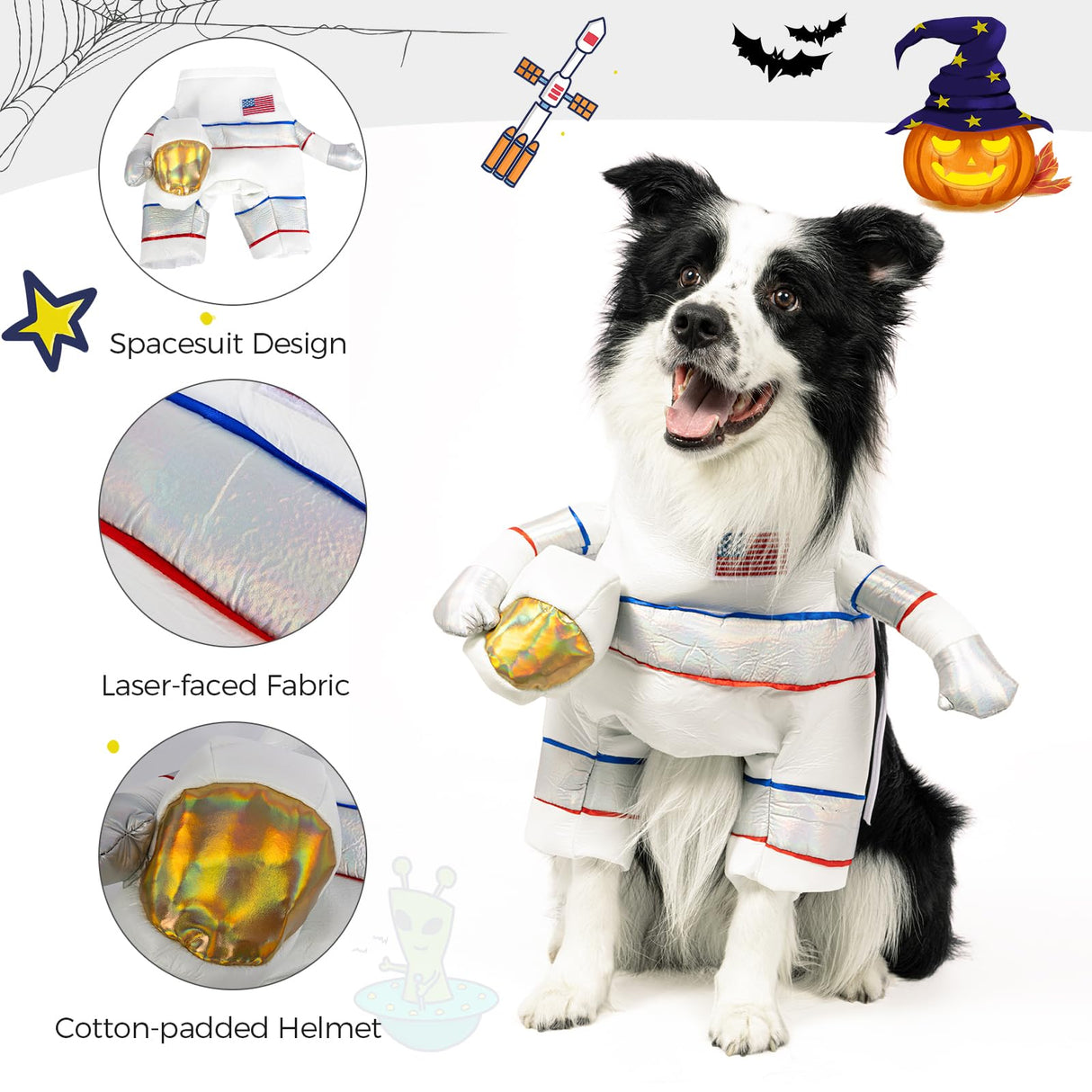 DELIFUR Dog Halloween Astronaut Costume - Pet Dress Up Spacesuit Funny Apparel Uniform Adjustable Cosplay Outfit for Small Medium Dog (Astronaut, Medium)