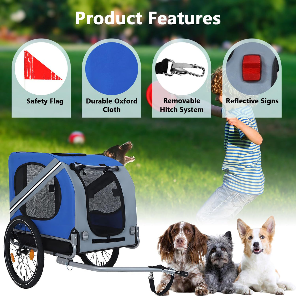 Large Dog Trailer for Bike, Folding Bike Trailer for Dogs with 18.9" Wheels, 120LB Capacity All-Terrain Pet Carrier, Universal Bicycle Coupler (Blue+Grey)