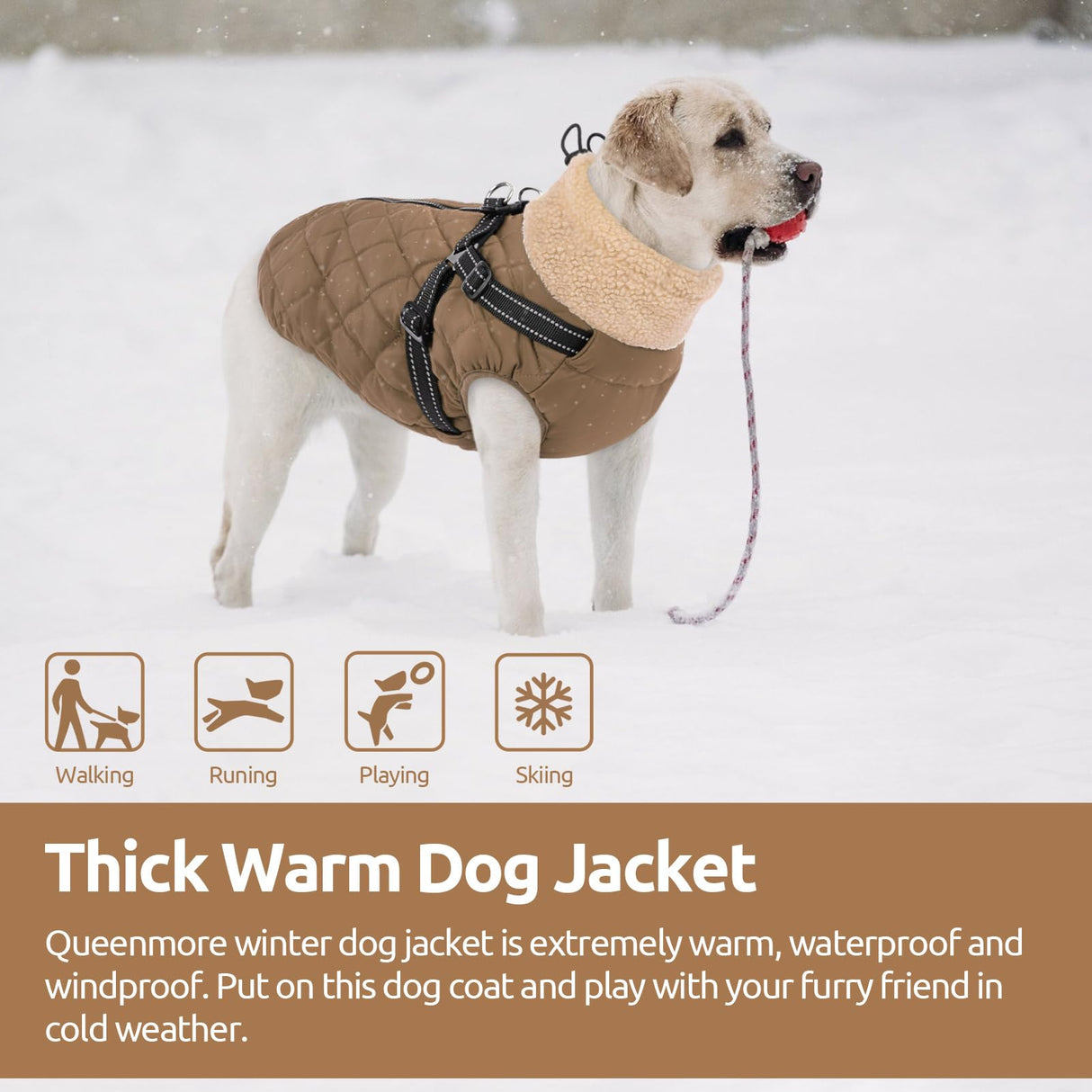 Queenmore Dog Winter Jacket, Dog Coats for Large Dogs, Warm Cozy Pet Jacket Winter with Harness Built in, Waterproof Pet Snow Jacket, Thick Fleece Lining Snowsuit for Large Dogs, Brown L