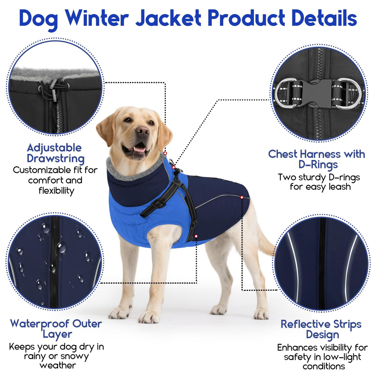 ASENKU Reflective Dog Coat with Built-in Harness, Windproof Fleece-Lined Dog Jacket for Small, Medium, Large Dogs, Warm Winter Vest with Turtleneck & Zipper (Navyblue M)