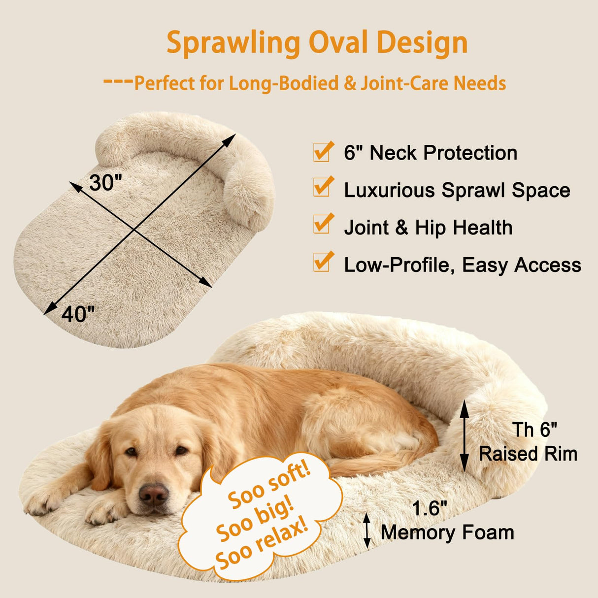 Doimier Calming Dog Beds for Medium Large Dogs, Orthopedic Cushion Plush Large Pet Bed Lounge with Washable Cover, Anti-Anxiety Soft Fluffy Faux Fur Fits up to 60 lbs Pets (Oval, Beige 40"x30")