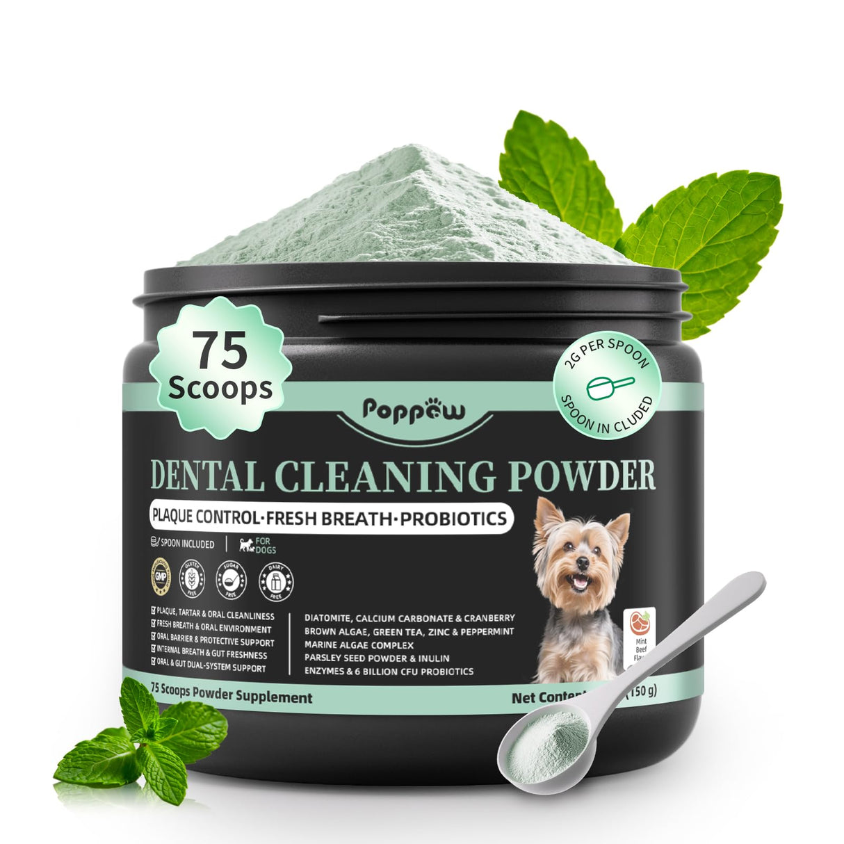 Dog Dental Powder – Teeth Cleaning Powder with 6B CFU Probiotics, Enzymes & Antioxidants, Plaque & Tartar Off, Fresh Breath Support, No Brushing Oral Care, Mint Beef Flavor, 75 Servings