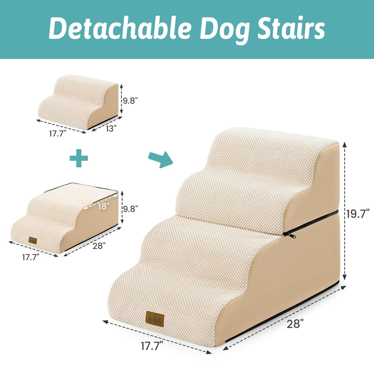 COZY KISS Detachable Curved Wide Dog Stairs 19.7" H, 4 Step Small Dog Step for Puppy or Older Cat, Ramp for Bed, Sofa, Couch or Chair, Ladder with High Density Foam, 17.7x28.3x19.7 inch, Beige