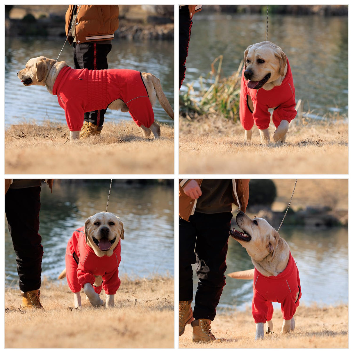Lovelonglong Warm Dog Coat, Windproof Dog Jacket for Small Medium Large Dogs, 4 Legged Fleece Dog Winter Coat Zippered Closure Dog Outdoor Jacket Red S