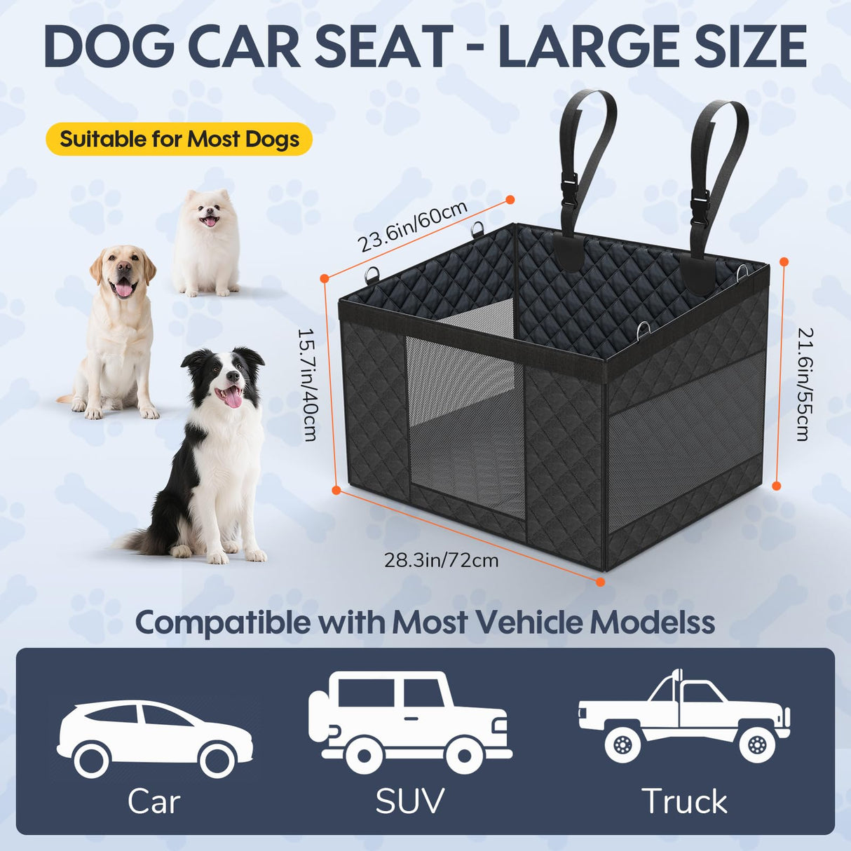 dessports Large PU Dog Car Seat - Waterproof Dog Back Seat Cover with 3 Mesh Windows - Hard Bottom Extender, Safety Belt, Non-Slip Hammock for SUV, Truck, Car