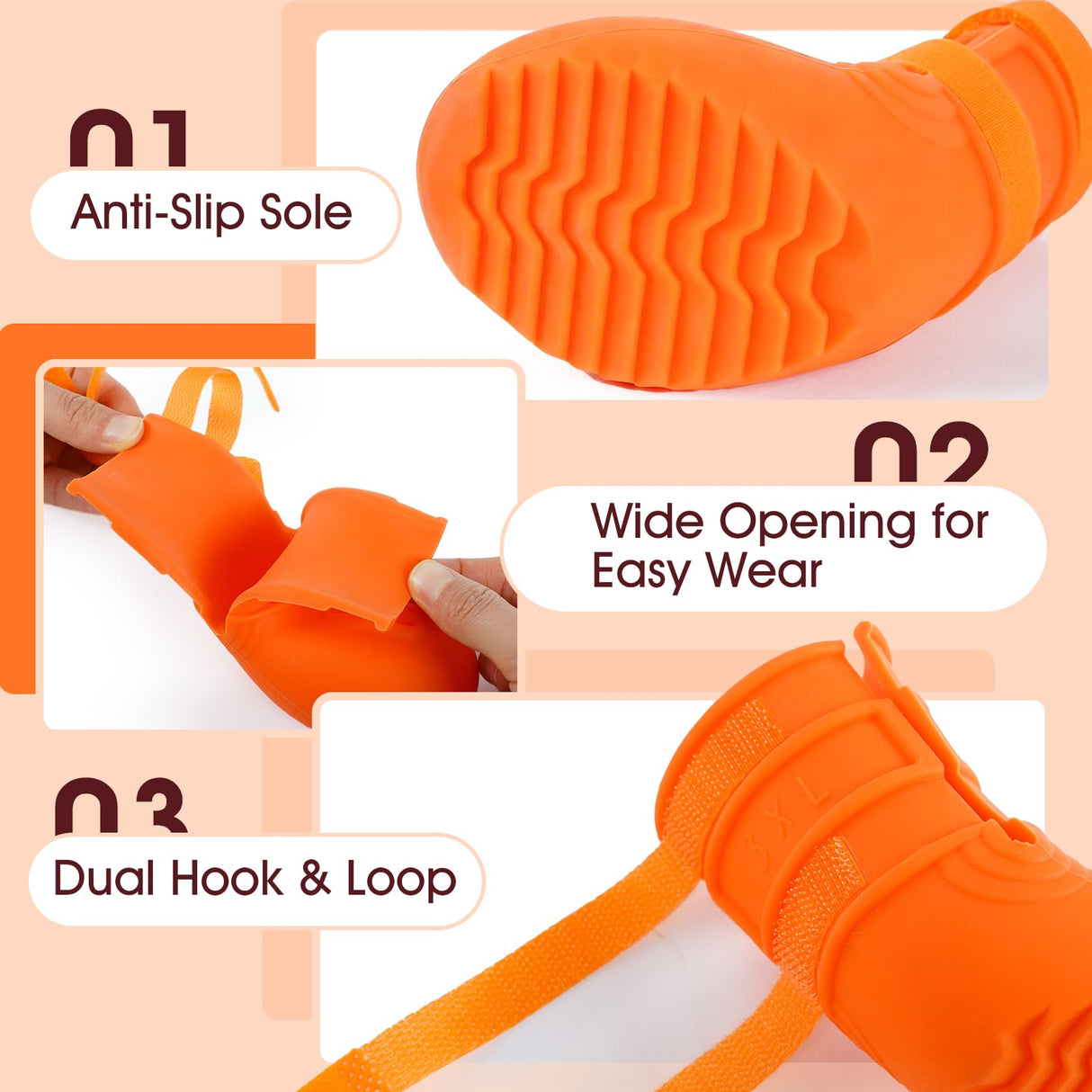 IKIPUKO Waterproof Dog Boots, Rain Shoes for Small Medium Large Dogs, Non-Slip Dog Shoes with Differentiated Front & Rear Design, Paw Protectors for Rain Snow Mud Hot Pavement, Orange 3XL