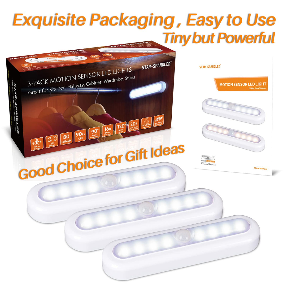 3 Pack 7” Motion Sensor Lights Indoor Battery Operated, Stick on LED Light for Closet, Stairs, Under Cabinet, Cool White