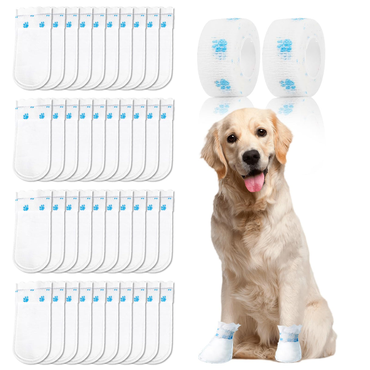 ziyue 40Pcs Disposable Dog Booties for Paw Protection Dog Feet Covers Pet Shoes for Dogs Paw Wound Recovery Protectors with 2 Roll Dogs Paw Bandage for Medium Large Breeds(Blue, 40 Pack)