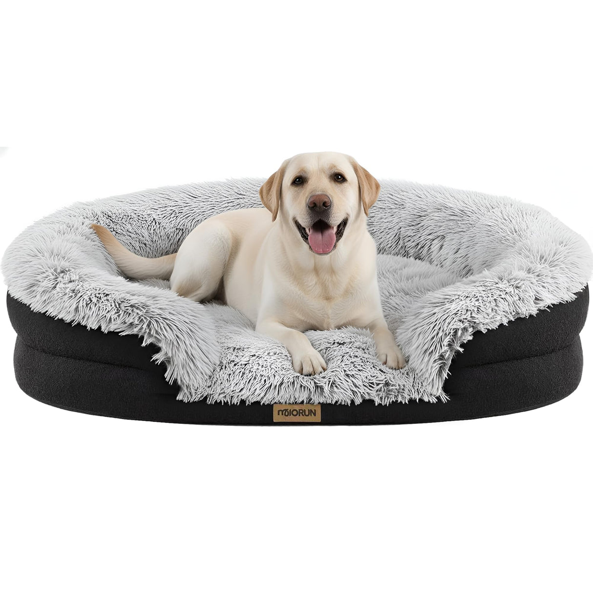 Miorun Fluffy Orthopedic Jumbo Dog Bed for Extra Large Dogs, Calming Plush Sofa Bed with Curved Bolster Support, 48" Cozy Oval Pet Donut Bed with Washable Cover, Gray