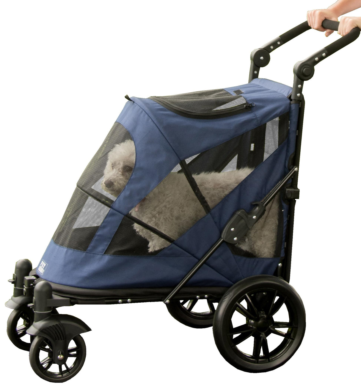 Pet Gear NO-Zip Pet Stroller with Dual Entry, Push Button Zipperless Entry for Single or Multiple Dogs/Cats, Pet Can Easily Walk in/Out, Gel-Filled Tires, Navy, Excursion