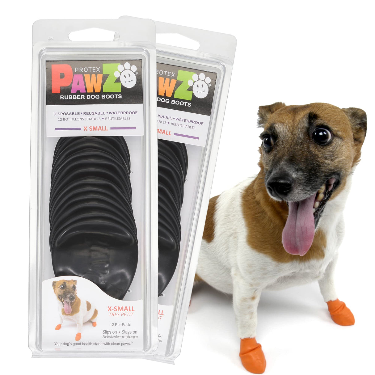 PawZ Rubber Dog Boots for Paws up to 2", 24 Total (2 Packs of 12) - All-Weather Booties for Hot Pavement, Snow, Mud, and Rain - Waterproof, Anti Slip Dog Socks - X-Small, Black
