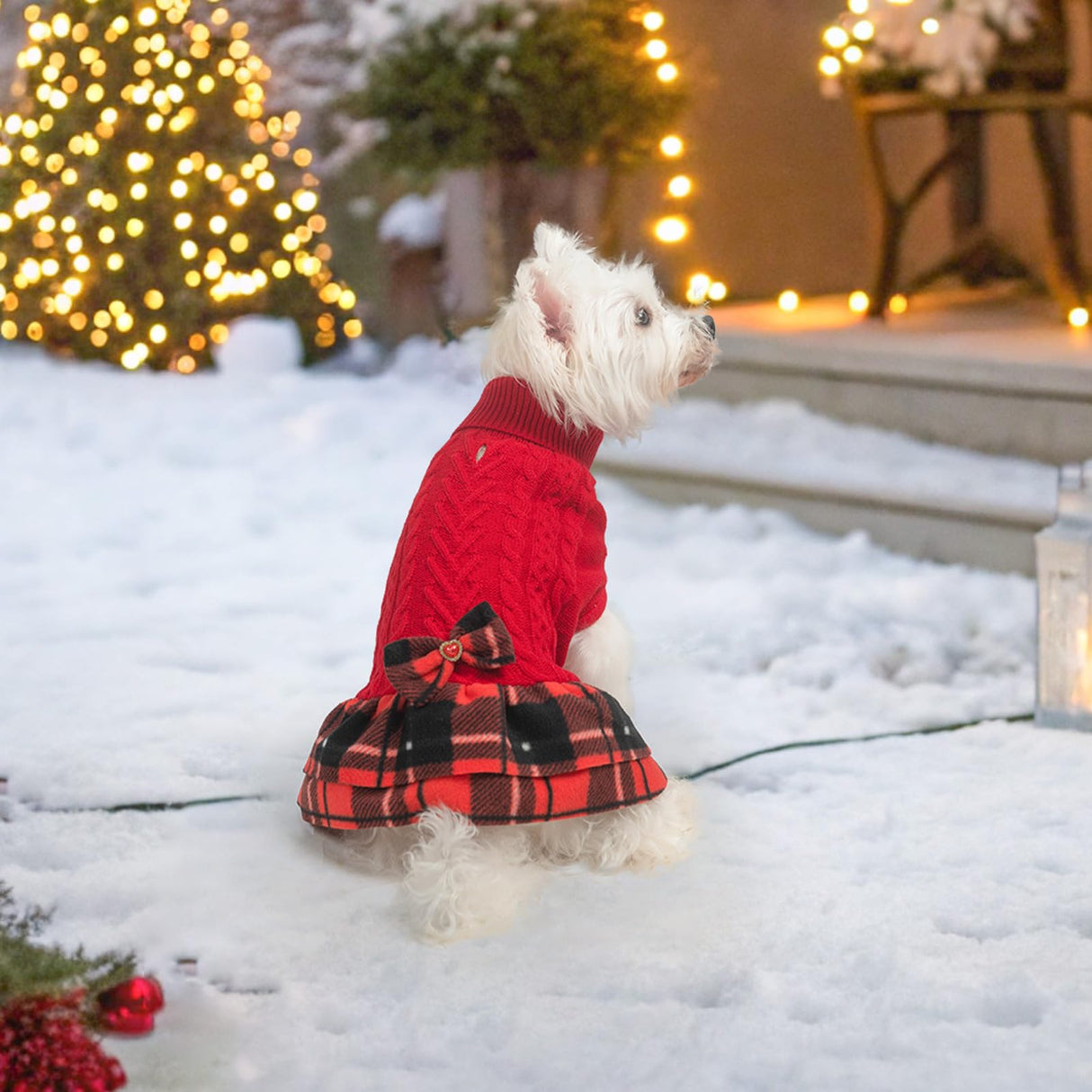 BEAUTYZOO Girl Dog Sweater Dress, Cable Knit Dog Sweater for Small Dogs Girl - Turtleneck Pullover Sweaters with Plaid Skirt & Bowtie, Warm Dogs Knitted Dress for Cold Weather Winter Christmas, Red
