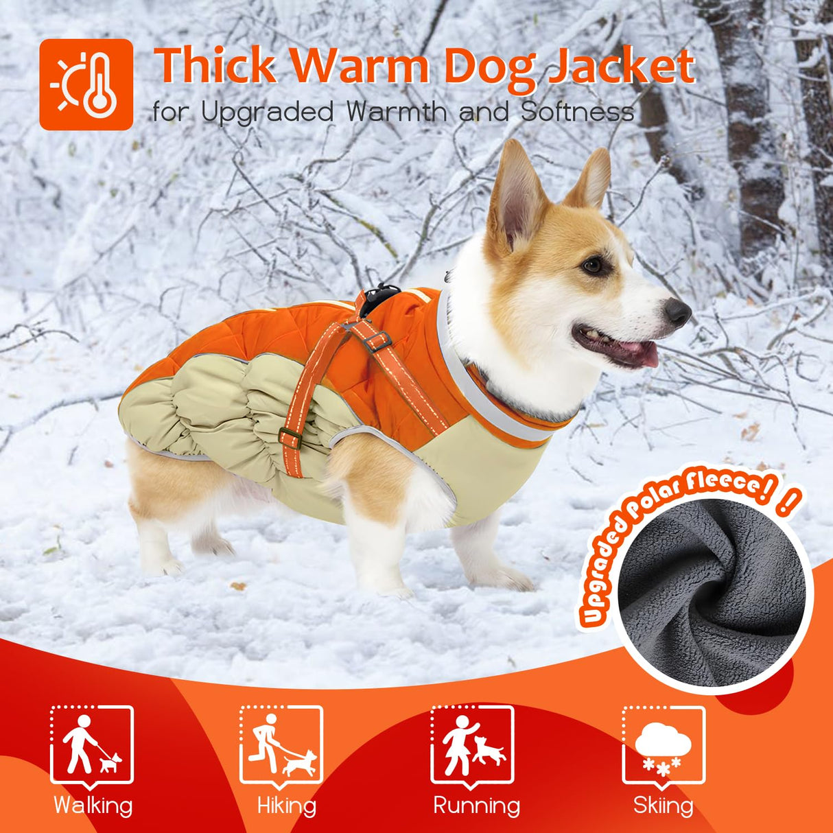 Abuandi Dog Winter Coat with Harness, Dog Jacket, Pet Clothes with Zipper on Back, Waterproof Windproof Warm Vest, Reflective Cold Weather Coats, for Small Medium Large Dogs, Thick, Orange, XS