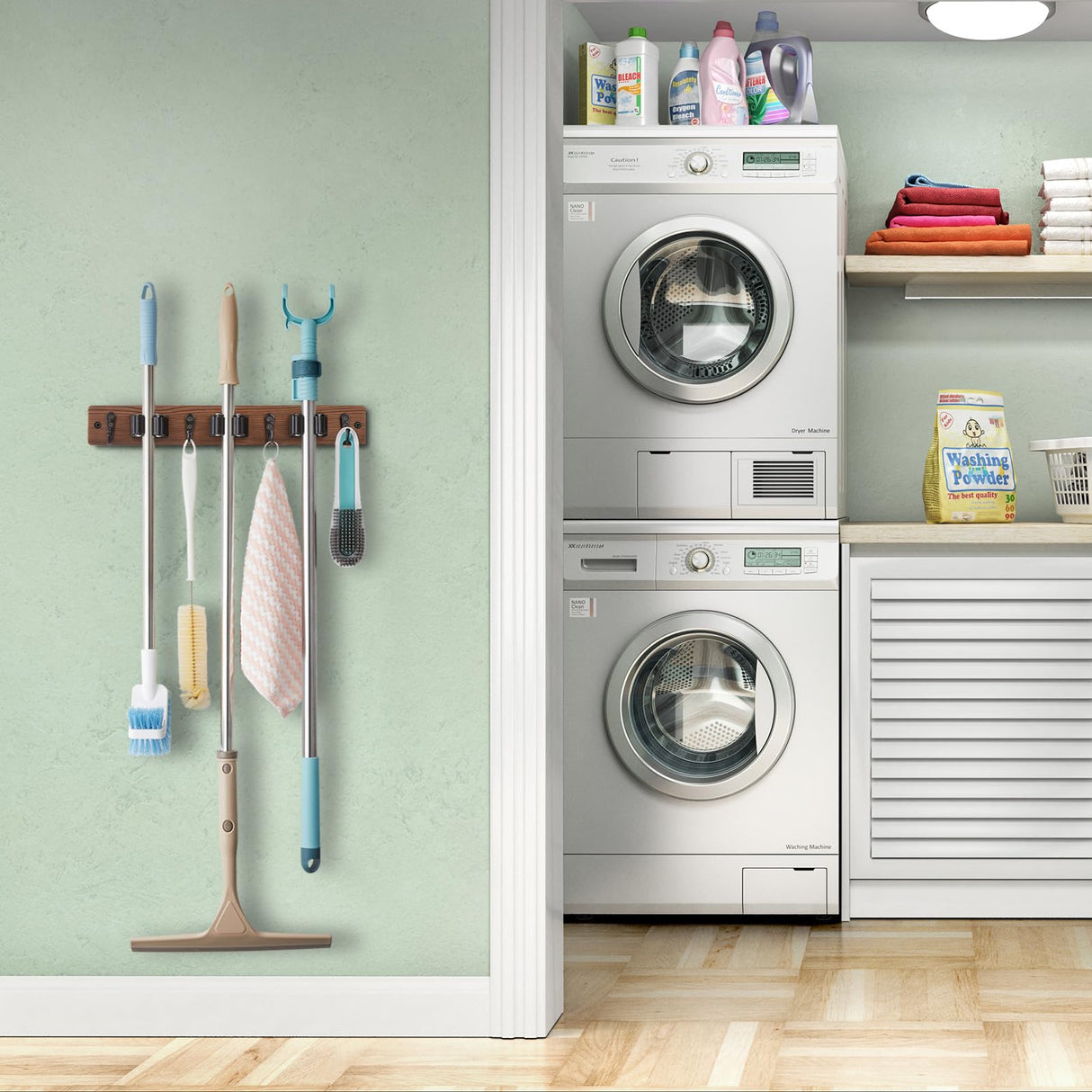 Mop Broom Holder Wall Mount with 3 Slots & 4 Hooks - Wood Broom Mop Hanger for Pantry Kitchen Organization - Garden Tool Organizer for Closet Laundry Room - for Rustic Farmhouse Kitchen Decor