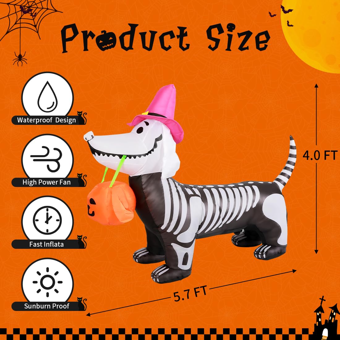 GOOSH 5Ft Halloween Inflatables Outdoor Decorations Skeleton Puppy Inflatable Yard Decoration with Build-in LEDs Blow Up Pumpkin for Halloween Party Indoor Outdoor Yard Garden