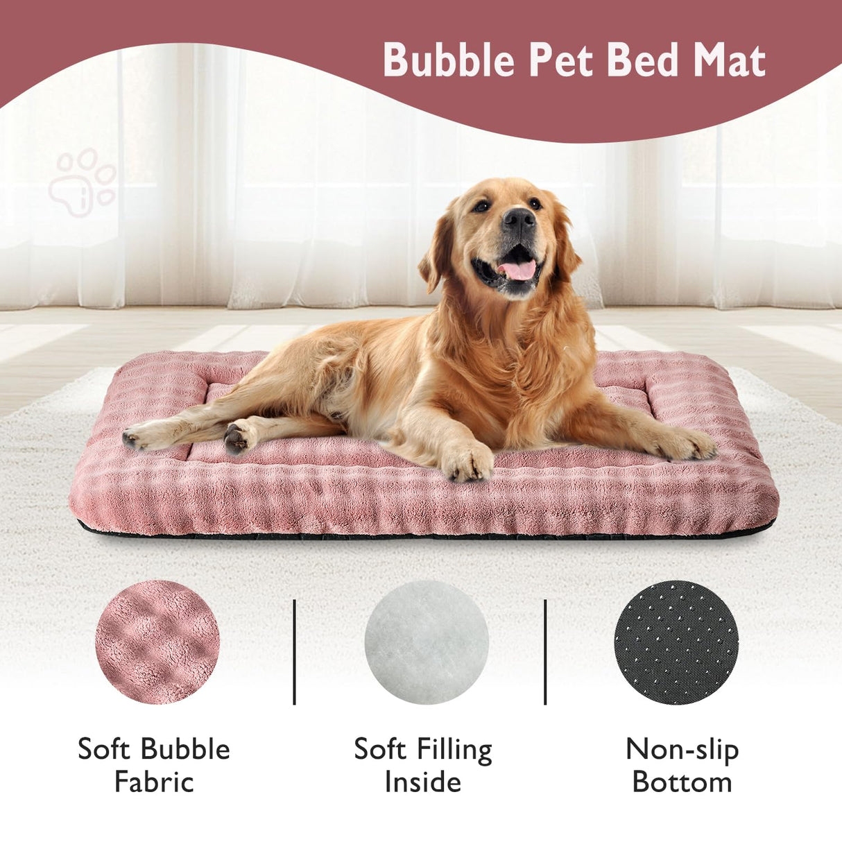 Yaning Dog Bed Mat Crate Pad for Large Dogs, Washable Soft Pet Sleeping Mat Kennel Pad with 3D Bubble Pattern, Dusty Pink, 42"x 28"