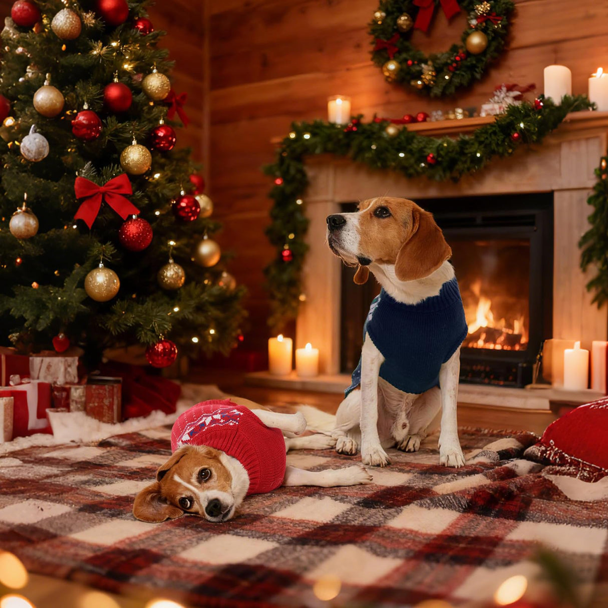FUAMEY Dog Christamas Sweater, Warm Dog Sweater Classic Snowflake New Year Turtleneck Sweaters Knitwear Cold Weather Dogs Pullover for Small Medium Dogs Puppies & Cats Bulldogs Corgi with Leash Hole