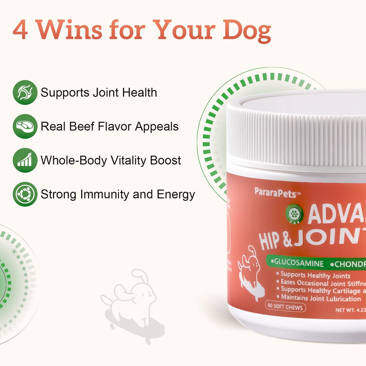 Advanced Dog Hip and Joint Supplement with Glucosamine, Chondroitin, MSM, and Vitamin C, Beef Flavor, 60 Soft Chews