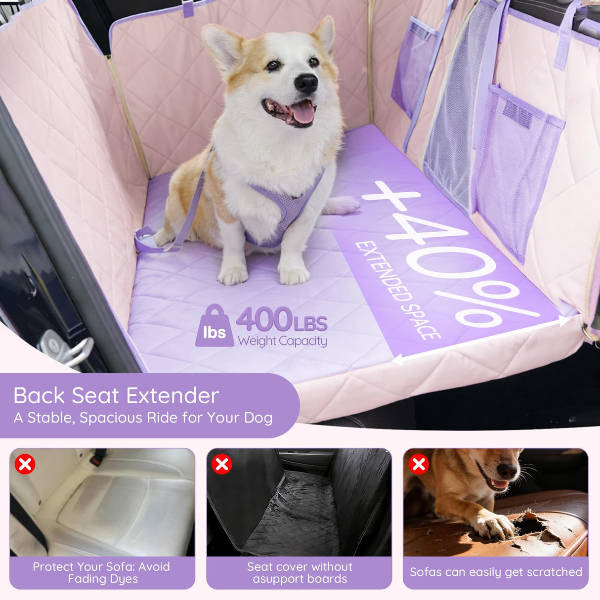 Back Seat Extender for Dogs Hard Bottom, Dog Car Seat Cover for Back Seat Holds 420lbs, Sturdy Backseat Dog Platform for Large Breed Dogs, 600D Oxford & Waterproof Pet Hammock for Cars, SUVs & Trucks