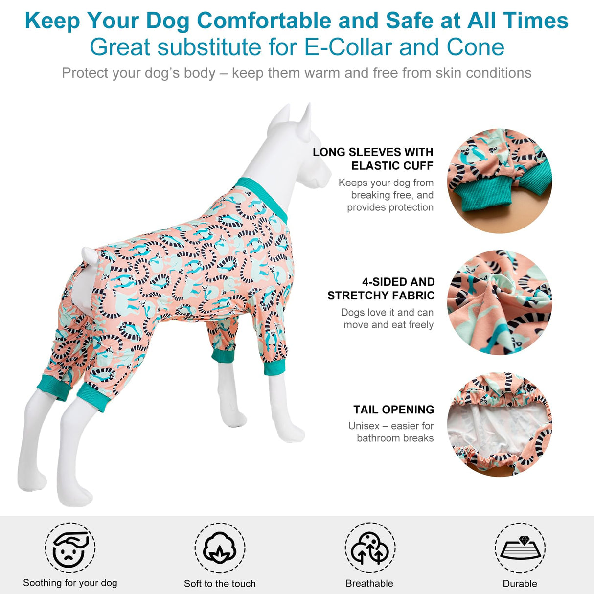 LovinPet Pitbull Dog Pjs for Large Dogs, Pet Anxiety Relief Pajamas, Sun Protection Dog Shirt Comfy Stretchy Fabric, Pastel Lemur Print, Pajamas for Pitbulls, Pitbull Party Clothes,3XL