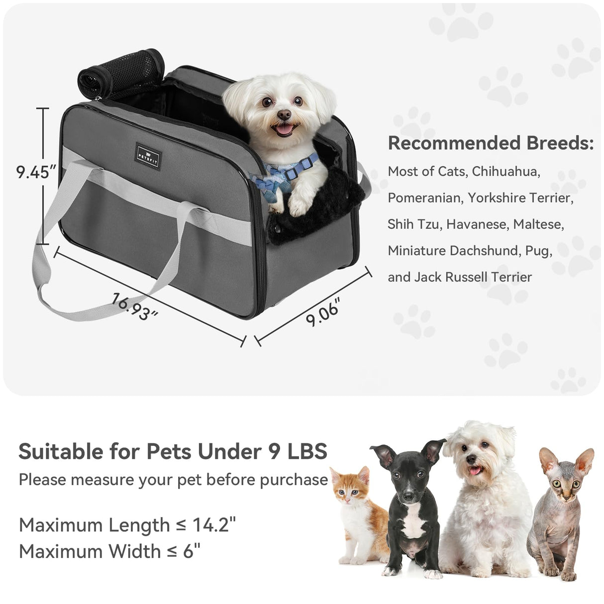 PETSFIT Multipurpose Center Console Dog Car Seat, Airline Approved Dog Car Carrier with Safety Tether and Pockets, Portable Cat Car Seat, Dog Car Seats for Small Dogs, Cats Up to 9 LBS (Deep Grey)