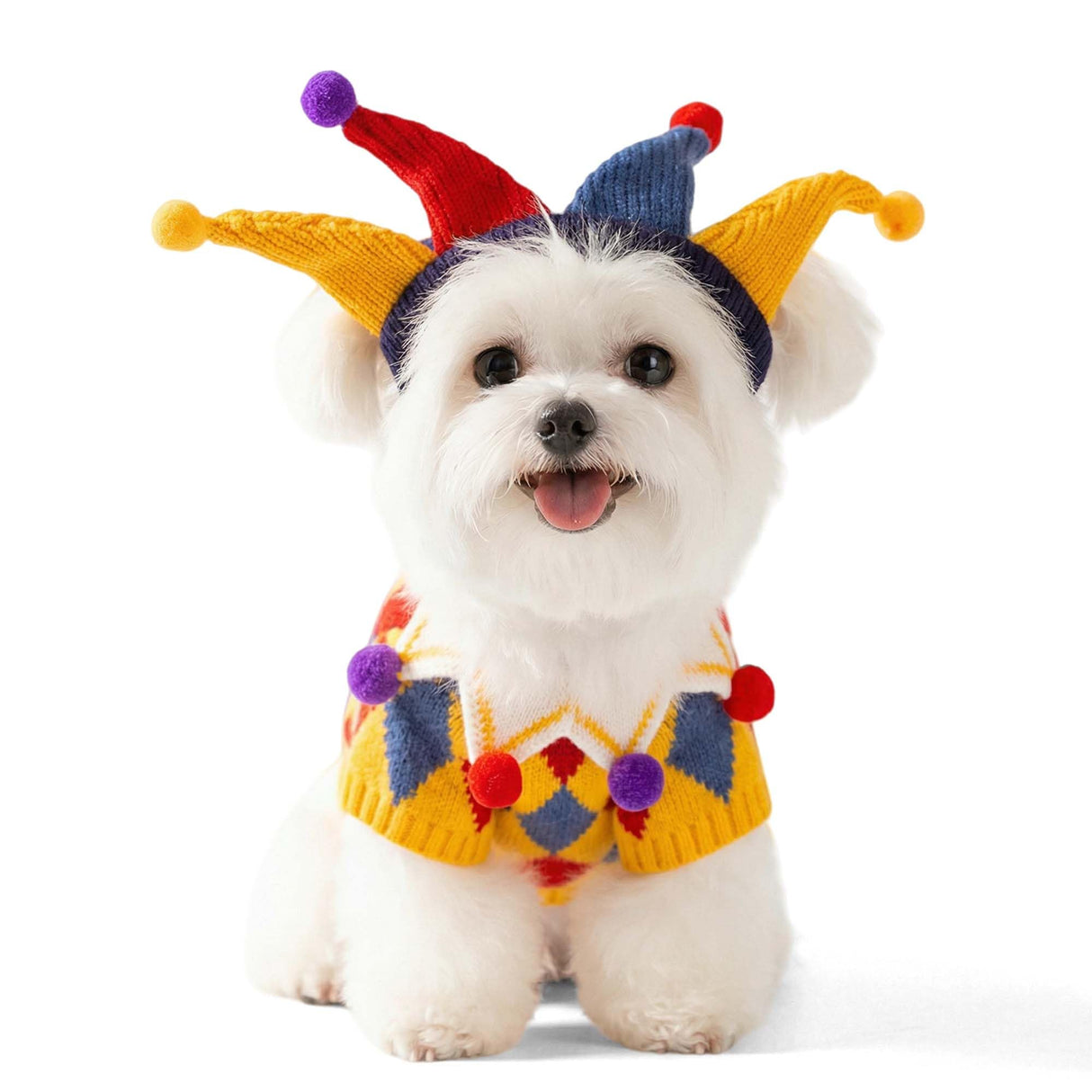 FLAdorepet Dog Circus Clown Costume with Joker Hat,Dog Cat Halloween Mardi Gras Outfit Party Jester Costumes Cosplay Apparel,Winter Pet Knitted Sweaters Clothes for Small Medium Dogs Cats,X-Large